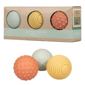 Set de 3 pelotas sensoriales de Little Dutch, diseñado para estimular los sentidos del bebé
