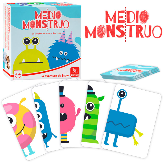 Caja y cartas del juego Medio monstruo de Lúdilo para niños a partir de 4 años